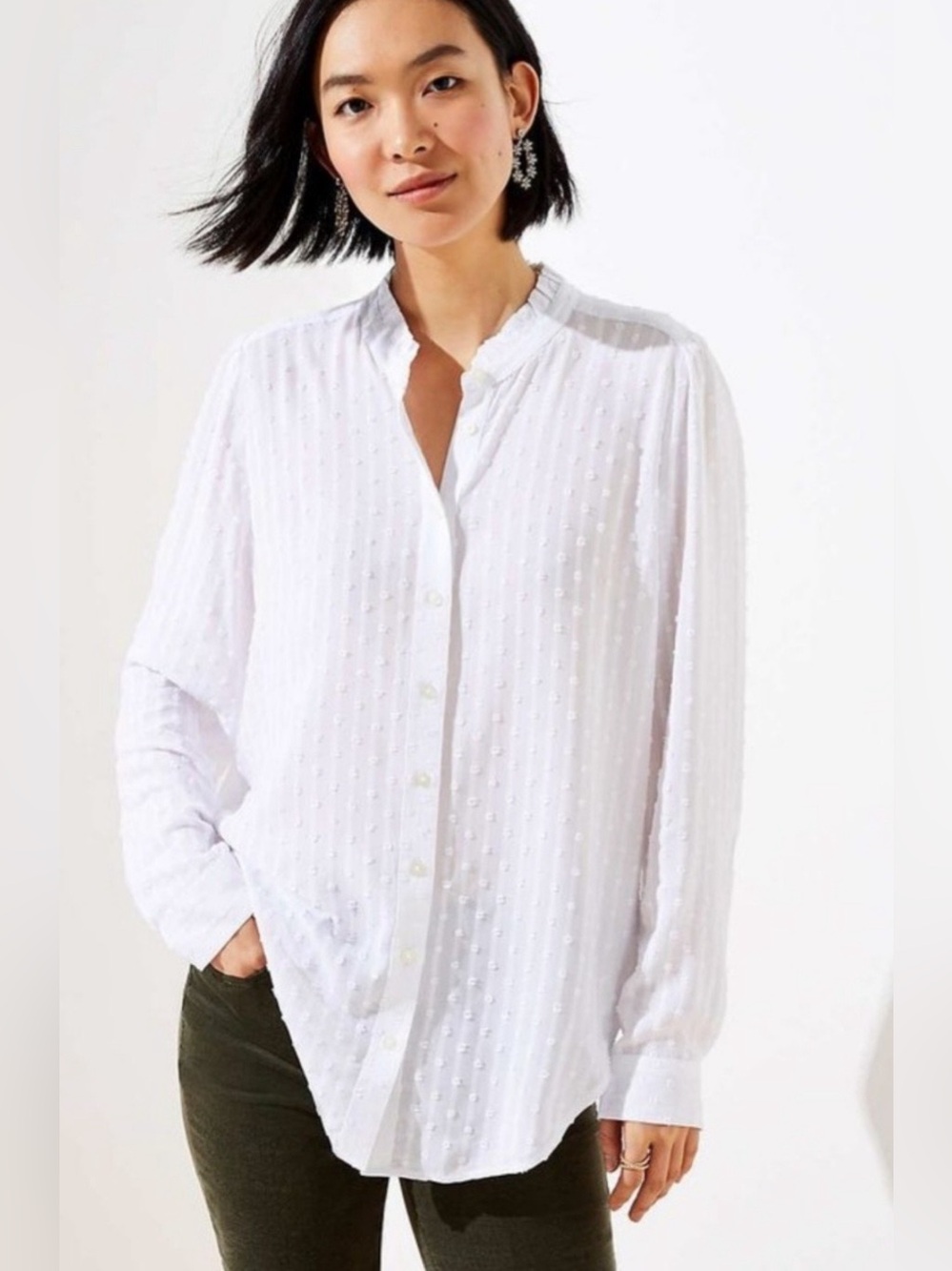 LOFT White Embroidered Dot Button-Up Blouse
